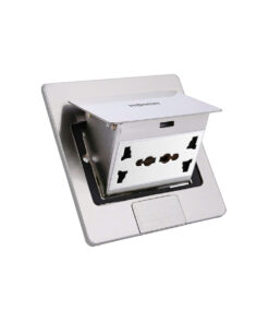Bộ ổ cắm đôi 3 chấu đa năng âm sàn HOMIN HM-AS05-IB, mặt Inox màu bạc 3M dạng Pop-Up mở bật lên có giảm chấn êm ái