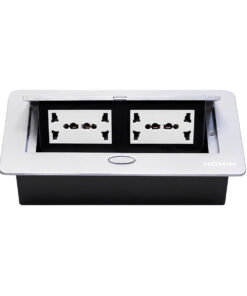 Bộ 4 ổ cắm 3 chấu đa năng âm bàn HOMIN, bề mặt nhôm màu bạc 6M dạng Pop-Up mở bật lên có giảm chấn HM-AB6205-NB