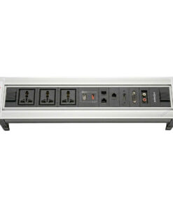 Bộ ổ cắm âm bàn điện xoay HOMIN, gồm 3 ổ cắm đa năng + USB A&C + 2 mạng Cat6 + điện thoại + HDMI + VGA + 2 Audio 3.5mm, bề mặt nhôm màu bạc HM-ABX-NB