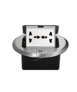 Bộ ổ cắm đôi 3 chấu đa năng âm sàn tròn HOMIN, mặt nhôm nguyên khối màu bạc 3M dạng Pop-Up mở bật lên có giảm chấn êm ái HM-AST05-NB
