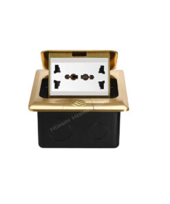 Bộ ổ cắm đôi 3 chấu đa năng âm sàn HOMIN HM-AS05-DV, mặt đồng thau nguyên khối màu vàng 3M dạng Pop-Up mở bật lên có giảm chấn êm ái